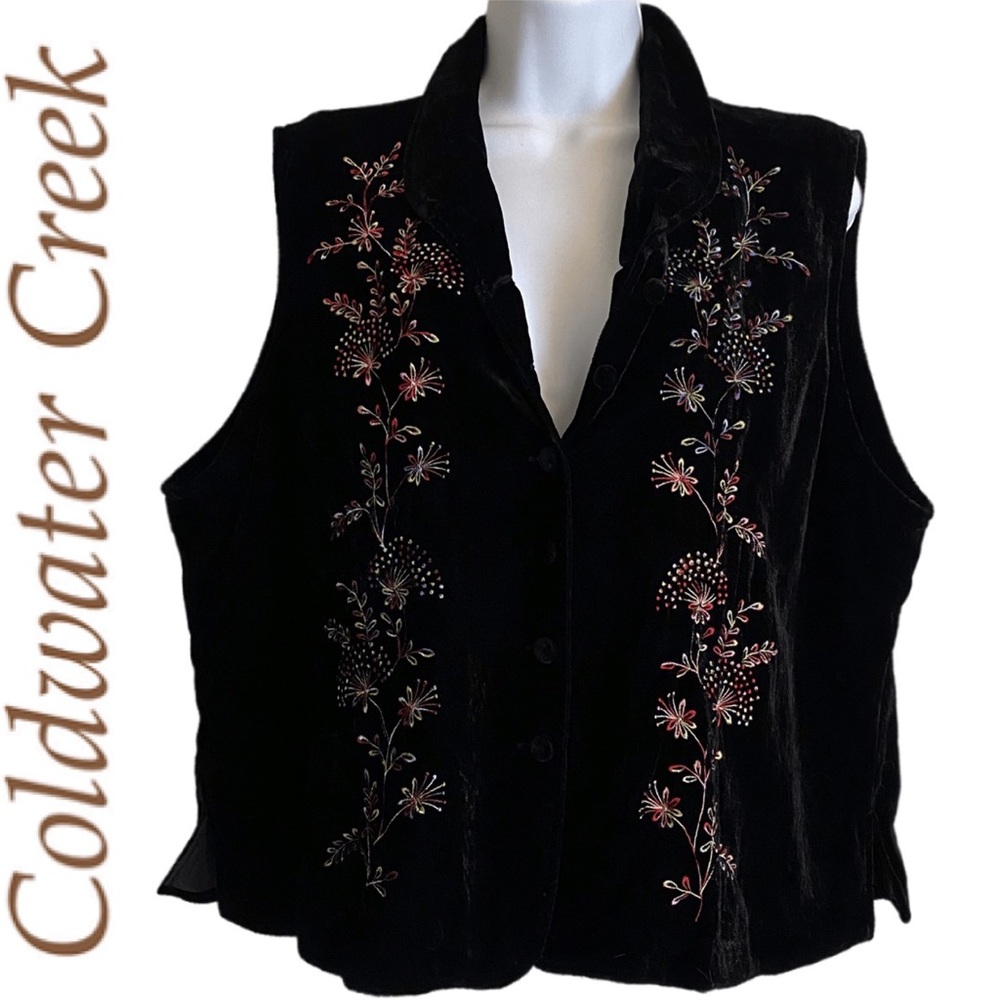 Vintage Velvet Vest Floral Embroidery Retro Flower Coldwater Creek Black Size XL